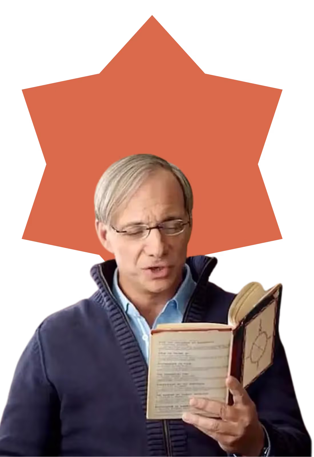 A man reading a book with a star on his head.