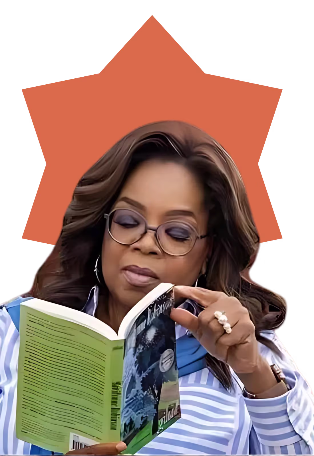 A woman reading a book with a star on the cover.
