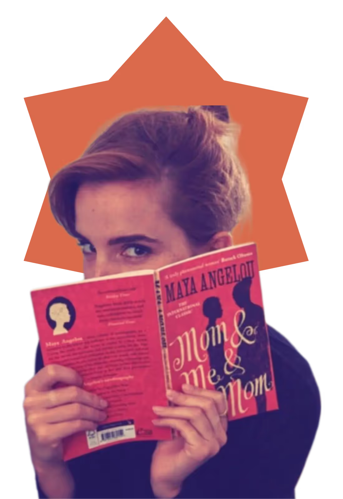 A woman reading a book with a star behind her.