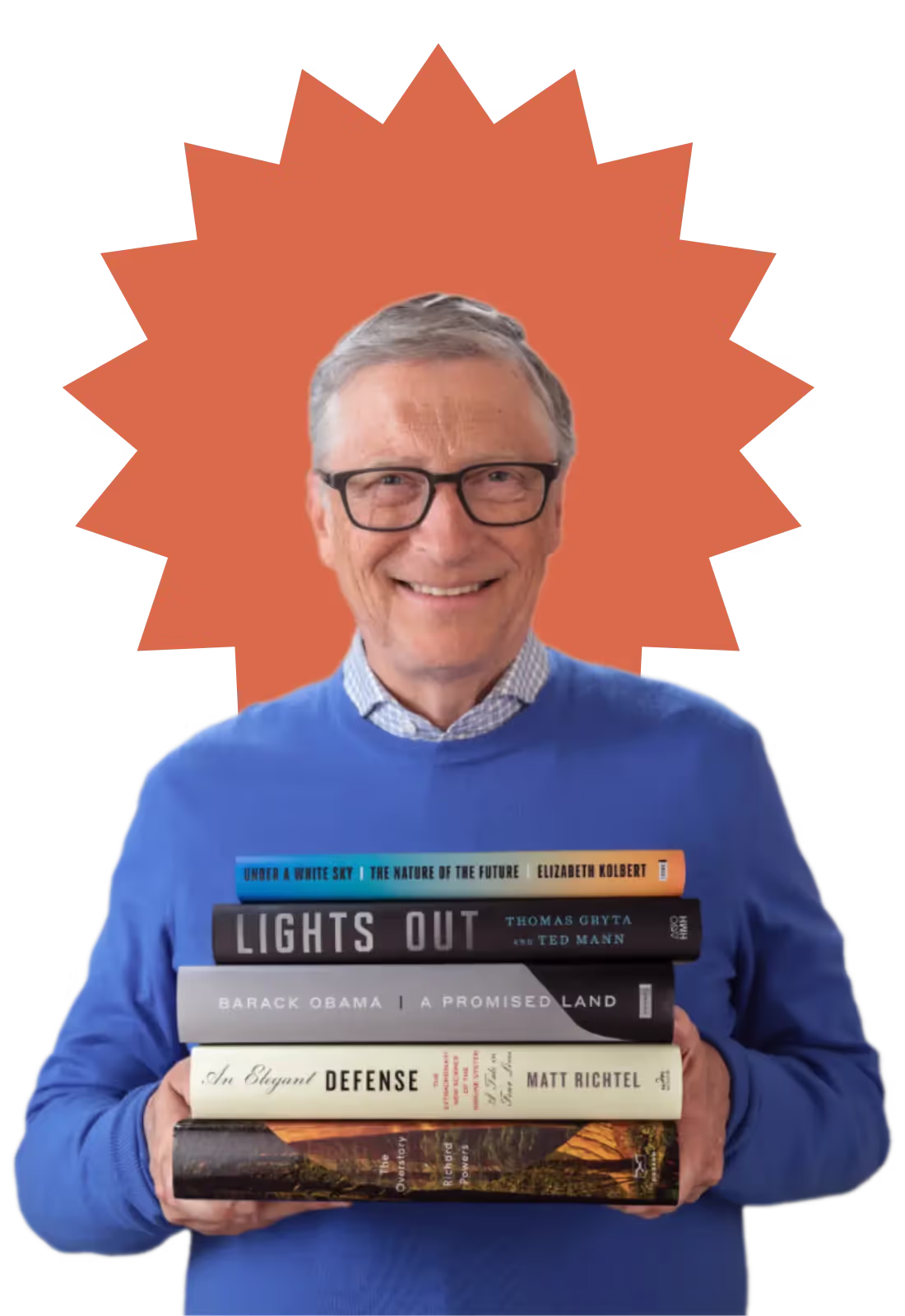 A man holding a stack of books with a sun in the background.